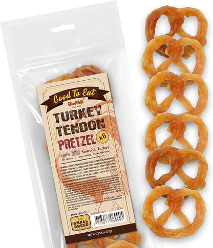 Gootoe Turkey Tendon Dog Treats, Pretzel (S) 6 Pieces per Pack, 100% USA Sourced Turkey, Natural Snack, Premium Puppy Chews, Hypoallergenic, Reseal Value Bags, Size for Small Dogs