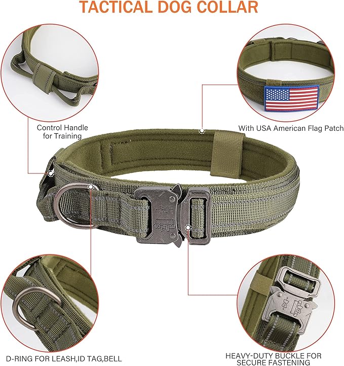 KCUCOP Tactical Dog Collar, Heavy Duty Dog Collar with Handle and Metal Buckle, Military Thick Dog Collars for Medium and Large Dogs(Green-XL-Reflective, 1 Patch)