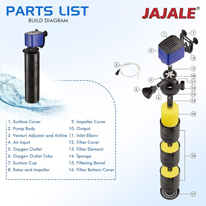 475 GPH Internal Filter Submersible Pump - 3 in 1 Aquarium Fish Tank Pump with Oxygenation, Filtration & Water Cycling, 5 ft max lift, 25W