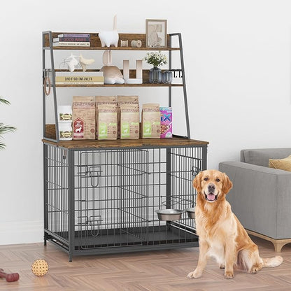 IDEALHOUSE Dog Crate Furniture,Flip-up Top Pet Crate Furniture,Indoor End Table Dog Cage with 3-Layer Storage Shelves,Dog Crates for Medium Dogs,Dog Kennel Furniture with Adjustable Bowls,Brown