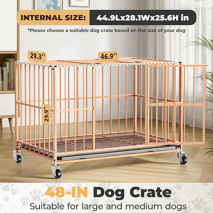 Orange 48 in Heavy Duty Dog Crate Steel Escape Proof, Indoor Double Door High Anxiety Cage, Removable Tray, Kennel with Wheels,XL XXL