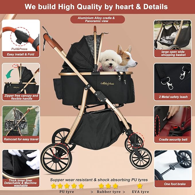 MILA&LOUIS Dog Stroller for Medium Dogs, Pet Stroller for Small Dogs with 4 Large Upgraded Wheel, Dog Strollers with Rain Cover, Cup Holder, Hook, Sturdy Puppy Stroller with Detachable Aluminum Cradle