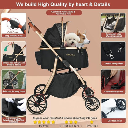 MILA&LOUIS Dog Stroller for Medium Dogs, Pet Stroller for Small Dogs with 4 Large Upgraded Wheel, Dog Strollers with Rain Cover, Cup Holder, Hook, Sturdy Puppy Stroller with Detachable Aluminum Cradle
