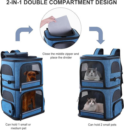 Double Cat Carrier for 2 Cats,Dog Backpack Carrier for Medium Dogs,Double Compartment Pet Carrier Backpack for Dual Pets,for Outdoor Traveling/Stroll and Picnic (Blue)
