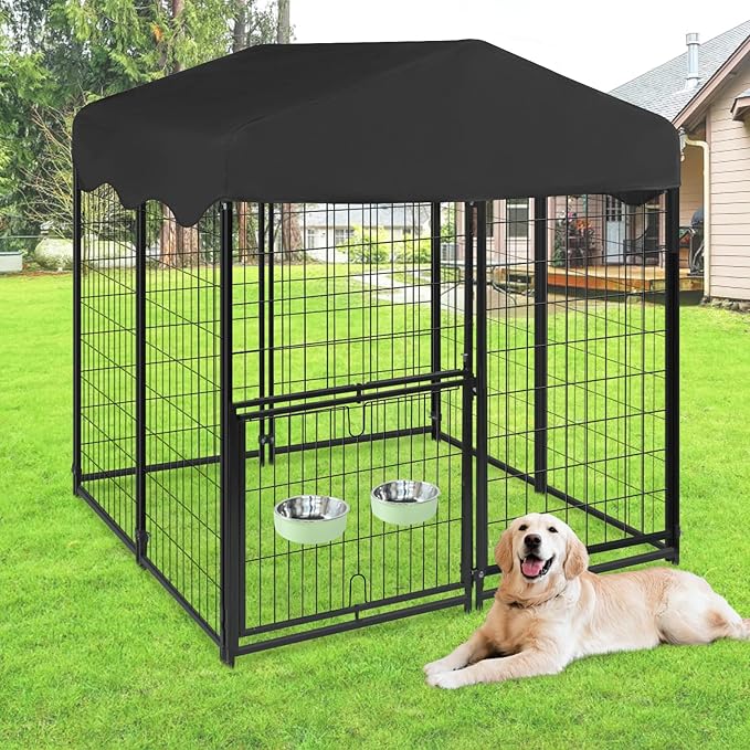 Dog Kennel Outdoor with Waterproof Roof, 4'L x 4'W x 4.5'H Large Outdoor Kennel with Rotating Feeding Door, Bowls, Dog Cage for Outside Dog House Enclosure for Dogs, Cat, Rabbits