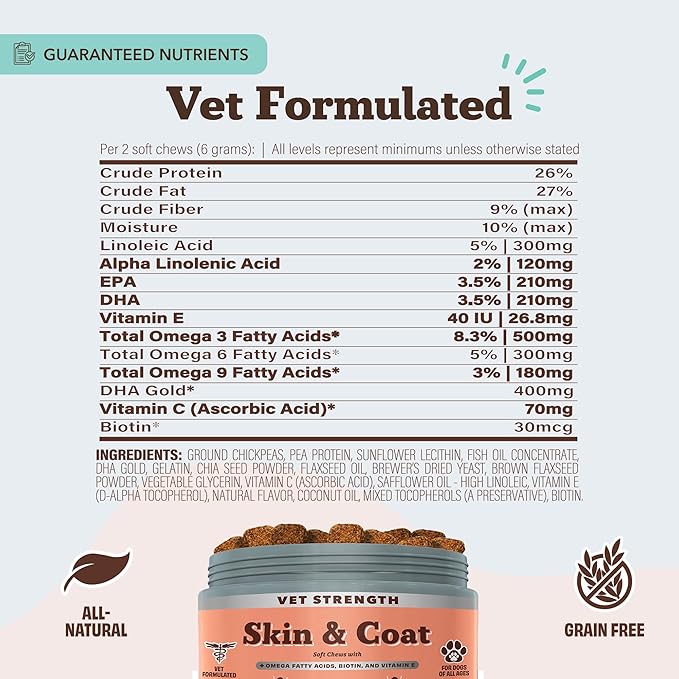 Natural Dog Company Vet Strength Omega Skin & Coat Chews for Dogs – Supports Itchy Skin Relief, Moisture Balance & Coat Hydration, Biotin & Vitamin E, Dry Skin Care, Vet-Recommended, USA Made, 90 Ct
