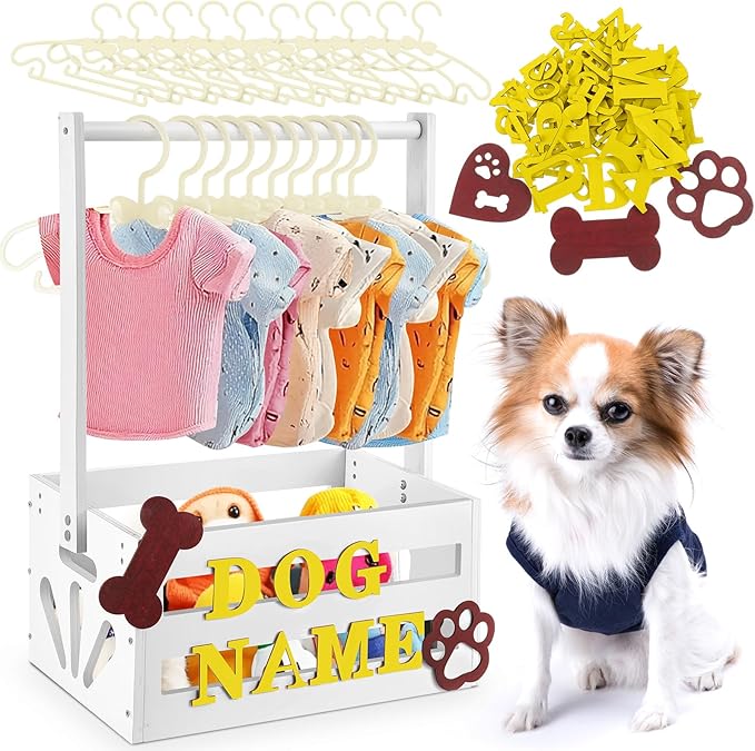 20" x 13" x 9" Wooden Pet Wardrobe Closet Crate Box with Hanging Rods and Personalized Pet Alphabet Letters Easy Assembly Baskets for Dog Cat Toys Clothes Accessories (White)