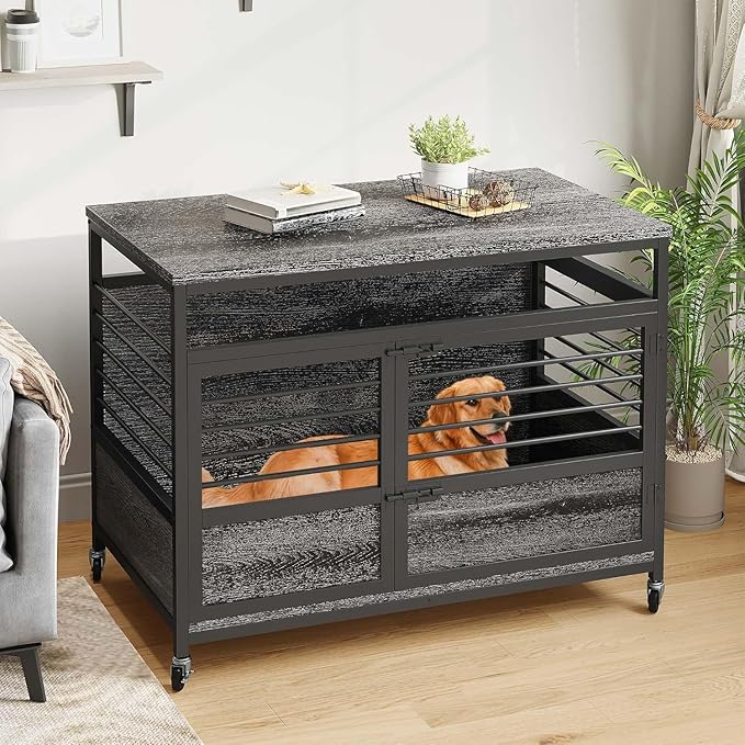 DWVO Dog Crate Furniture, 39 Inch Dog Kennel Indoor Furniture End Table for Dogs, Modern Decorative Wooden Cage with Wheels, Chew-Resistant, Dark Grey