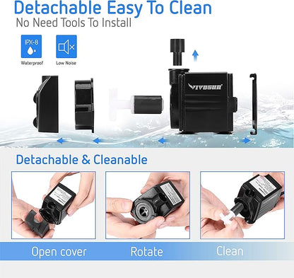 VIVOSUN 120GPH Submersible Pump(450L/H, 6W), Ultra Quiet Water Pump with 3.1ft High Lift, Fountain Pump with 5ft Power Cord, 2 Nozzles for Fish Tank, Aquarium, Statuary, Hydroponics