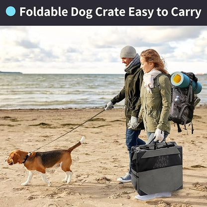 30 Inch Portable Travel Dog Crate, 3 Door Collapsible Soft Pet Kennel with Durable Mesh Windows for Medium Dogs, Foldable Dog Cage with Storage Pocket for Outdoor (Dark Grey)