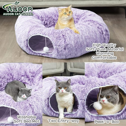 AUOON Cat Tunnel Bed for Indoor Cats - Circle Peekaboo Cat Cave with Washable Mat for Indoor Cats Kitten Kitty Puppy Rabbit Ferret (Purple)