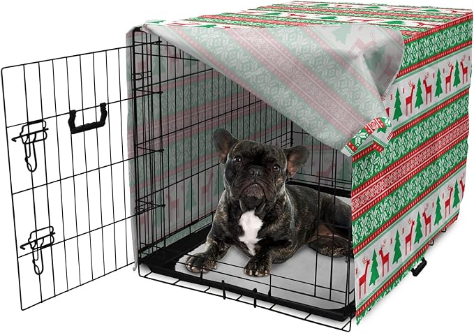 Ambesonne Christmas Dog Crate Cover, Knit Style Graphic Reindeer Star and Snowflake Holiday Family Theme, Easy to Use Pet Kennel Cover for Cats & Medium Dogs, 30 Inch, White Green