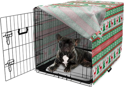 Ambesonne Christmas Dog Crate Cover, Knit Style Graphic Reindeer Star and Snowflake Holiday Family Theme, Easy to Use Pet Kennel Cover for Cats & Medium Dogs, 30 Inch, White Green