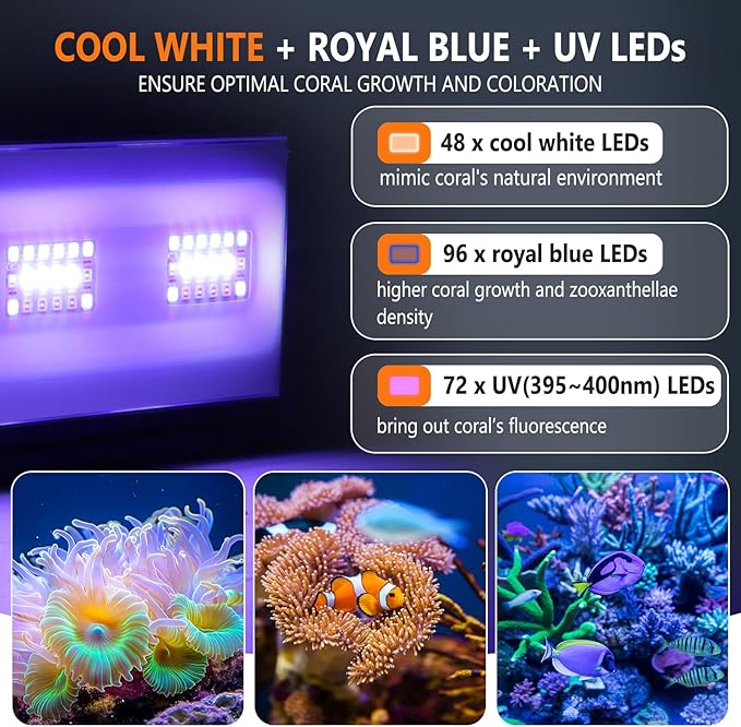 hygger LED Saltwater Aquarium Light, 24/7 Mode Nano Tank Reef Light for Coral, Refugium Light with White, Blue, U-V LEDs Dimmer Timer Moonlight Mounting Bracket 2 Metal Legs 21'' Long 35W