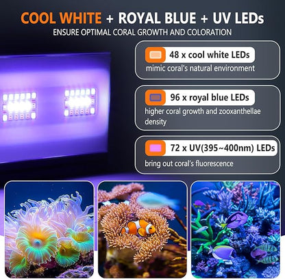 hygger LED Saltwater Aquarium Light, 24/7 Mode Nano Tank Reef Light for Coral, Refugium Light with White, Blue, U-V LEDs Dimmer Timer Moonlight Mounting Bracket 2 Metal Legs 21'' Long 35W