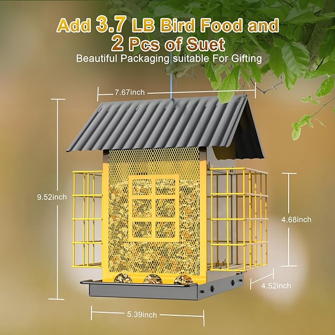 Bird Feeders for Outdoors Hanging, Metal Bird Feeder with Double Suet Cage Cake, Large Capacity, Birdfeeders Sturdy & Weatherproof, Easy to Clean & Refill, Great for Attracting Wild Birds