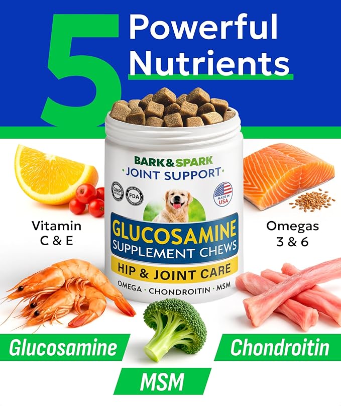 Bark&Spark Glucosamine Chondroitin Dog Hip & Joint Supplement - Joint Pain Relief - Hip & Joint Chews - Joint Support Large Small Breed - Senior Doggie Vitamin Pill Joint Health (180 Treats - Chicken)