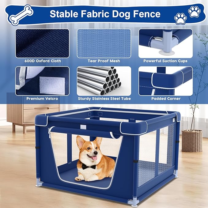 42x42x26 Inches Puppy Playpen with Gate, Small Dog & Puppy Playpen for Indoor & Outdoor, Sturdy Safety Dog Crate with Durable Mesh Windows, Blue