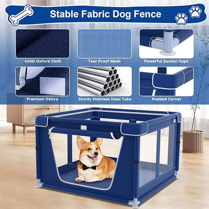 42x42x26 Inches Puppy Playpen with Gate, Small Dog & Puppy Playpen for Indoor & Outdoor, Sturdy Safety Dog Crate with Durable Mesh Windows, Blue