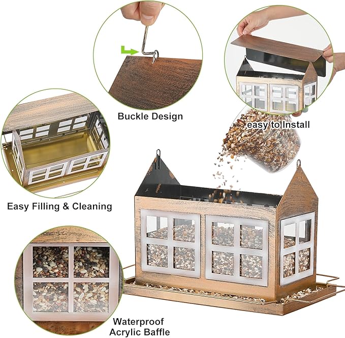 Bird Feeders, Heavy Duty Metal Bird Feeder for Outdoors Hanging, Weatherproof Large Capacity Wild Birdfeeder for Outside Garden Yard, Country House Shape (Double Window)