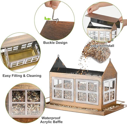 Bird Feeders, Heavy Duty Metal Bird Feeder for Outdoors Hanging, Weatherproof Large Capacity Wild Birdfeeder for Outside Garden Yard, Country House Shape (Double Window)