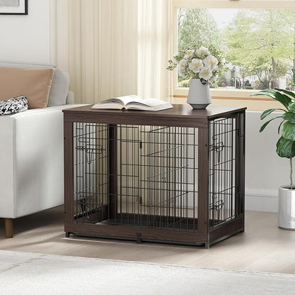 Piskyet Wooden Dog Crate Furniture with Divider Panel, Dog Crate End Table with Fixable Slide Tray, Dog Kennel Furniture, Dog Kennel Indoor for Medium Dogs(M:31.8" L*22.1" W*26.3" H,Brown Walnut)