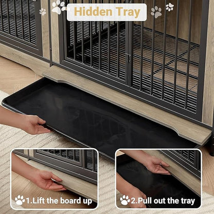 Rovibek 75'' Double Dog Crate Furniture for 2 Large Dogs, Heavy Duty Furniture Style Dog Crates End Table, Wood Crates for Dogs Kennel Indoor with Double Door, Grey