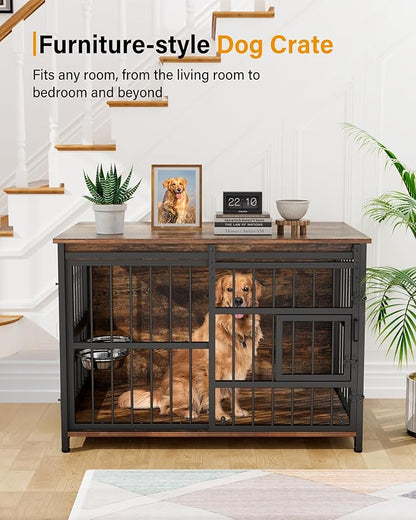XL Dog Crate Furniture for Large Dogs, Barn Door Dog Crate with Interactive Window for Anxiety Dogs, 360°Rotatable & Elevated Dogs Bowls, Wooden Dog Kennel Furniture, Dog Cage Furniture Indoor