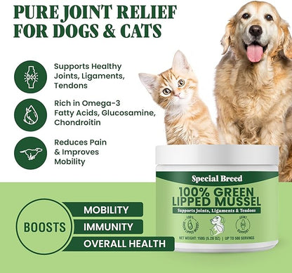 Green Lipped Mussel Powder for Dogs & Cats - 100% New Zealand Green Lipped Mussels - Natural Hip & Joint Supplement for Joints, Tendons, Ligaments, Muscles - 150 Grams - Up to 500 Servings