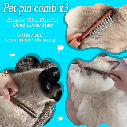 5-piece pet grooming set - solid wood hair removal brush with metal comb - hair removal comb, smoothing brush, and steel comb, used for combing and removing long and tangled hair on cats and dogs