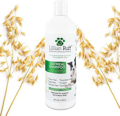 Lillian Ruff Calming Oatmeal Pet Shampoo for Dry Skin & Itch Relief with Aloe & Hydrating Essential Oils - Replenish Moisture & Deodorize - Tearless Dog Shampoo for Normal/Sensitive Skin (16oz)