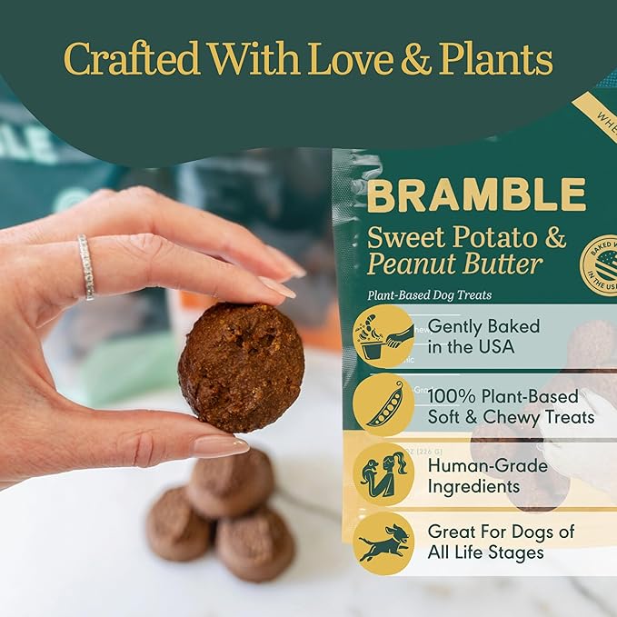 BRAMBLE Dog Treats. Plant-Based Treats for Dogs, Wheat-Free Everyday Dog Treats. Sweet Potato & Peanut Butter, Soft & Chewy Cookies. 8 oz