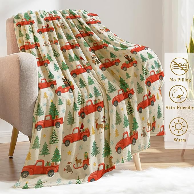 Christmas Decorative Throw Blanket, Red Truck Tree Cat Reindeer Print Decoration, Flannel Winter Blankets for Couch Bed Sofa, Holiday Home Decor, Xmas Festival Gifts Kids Adults 50x60 Inch