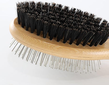 Double Sided Dog Brush Pin and Boar Bristle Pet Grooming Comb for Long or Short Haired Dogs and Cats Removing Shedding Tangles and Dead Undercoat