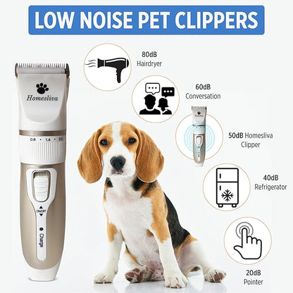 Dog Grooming Shaver Kit Clippers Low Noise Rechargeable Cordless Electric Quiet Hair Clippers Set for Dogs Cats Pets (White)
