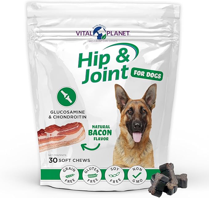 Vital Planet - Hip and Joint Soft Chews for Dogs, with Glucosamine, MSM, and Collagen from Green-Lipped Mussel - 30 Bacon Flavored Soft Chews
