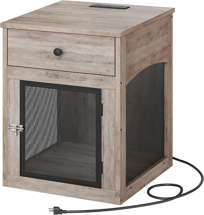 HOOBRO Dog Crate Furniture, Dog Kennel with Drawer and Charging Station, Indoor Decorative Puppy House, Wooden Pet Crate End Table for Small Dogs, Greige and Black BG58UGW03G1