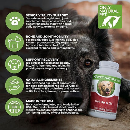 Only Natural Pet Get Up & Go Herbal Joint Support Supplement for Dogs - Holistically Formulated with Corydalis & Turmeric Hip & Joint Daily Vitamin for Senior Dog - Turkey Flavor - 90 Chewable Tablets