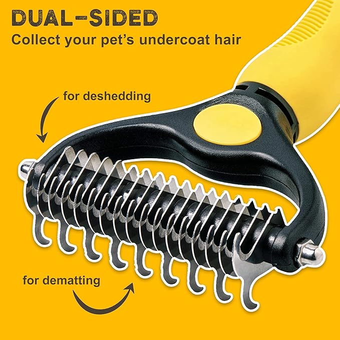 Deshedding Dog Brush - Double-Sided Pet Hair Remover for Cats & Dogs - Yellow Undercoat Grooming Rake for Shedding and Dematting