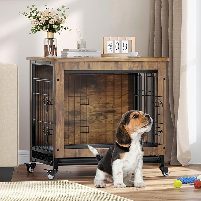 YITAHOME Dog Crate Furniture with Cushion, Dog Kennel Indoor with Wheels, 27" Dog Cage with Double Doors for Small Dog (Rustic Brown)