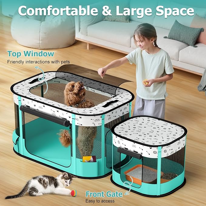 Portable Cat Playpen, Foldable Pet Dog Playpen with Pet Pee Pad, for Kitten Puppy Play Pen Indoor/Outdoor, Cats Enclosure Cages Tent with Carrying Case, 600D Oxford 8-Rods, 32"x24"x22"