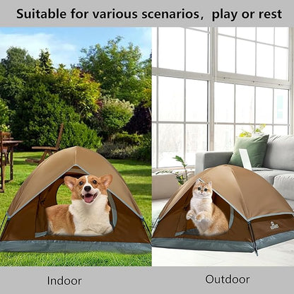 Outdoor Waterproof Pet Camping Tent, Cave Bed for Indoor Cats and Small Dogs, Portable Cat House Dog House, 29.5x29.5x18.9'', Brown, M.