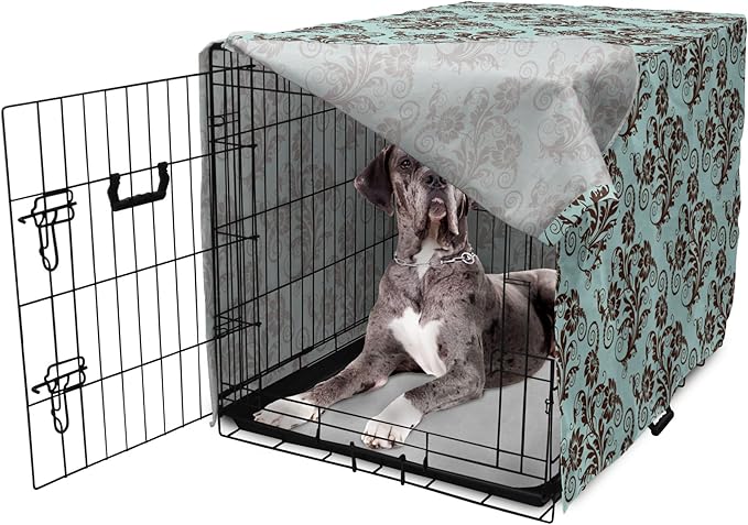 Ambesonne Art Nouveau Dog Crate Cover, Vintage Swirls Vibrant Foliage Damask Style Classic Renaissance, Easy to Use Pet Kennel Cover for Medium Large Dogs, 48 Inch, Seal Brown and Pale Blue