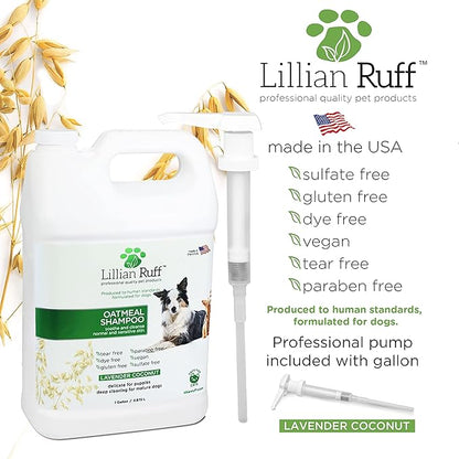 Lillian Ruff Calming Oatmeal Pet Shampoo for Dry Skin & Itch Relief with Aloe & Hydrating Essential Oils - Replenish Moisture & Deodorize -Gentle Dog Shampoo for Normal/Sensitive Skin (Gallon & Pump)