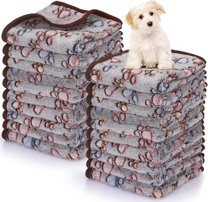 Chumia 40 Pcs Blankets Soft Fluffy Fleece Washable Pet Dog Sleep mat Paw Print Pattern Fleece Blankets for Pets Throw Warm Bed Mat for Dog Puppy Cat(24 x 16 Inch,Black)