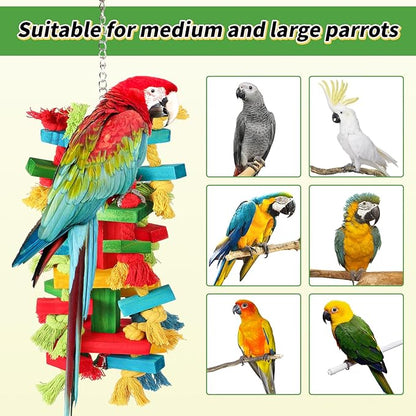 Bird Toys for Large Parrots Natural Wood Block Chewing Toy for Macaws, Cockatoos, African Greys Parrot Cage Hanging Bite Toy for Beak Exercise and Entertainment