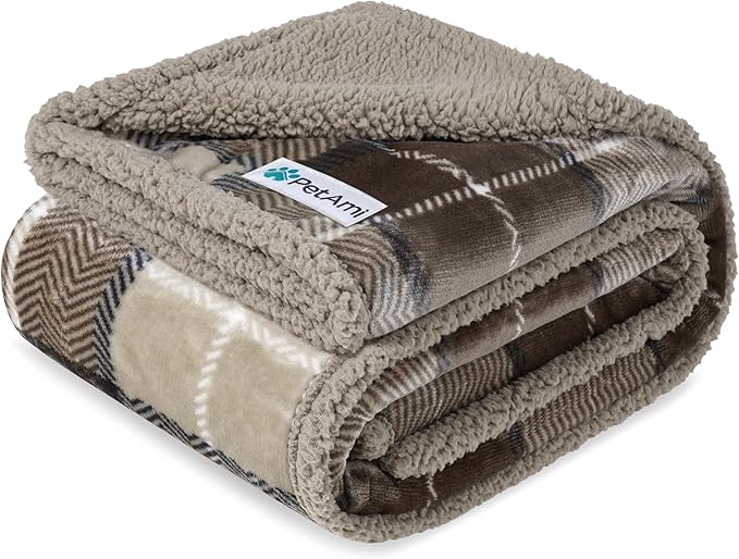 PetAmi Waterproof Dog Blanket for Medium Large Dog Puppy Cat Throw for Couch Cover Leakproof Protection, Sherpa Fleece, Reversible Soft Washable 60x40 Plaid Taupe