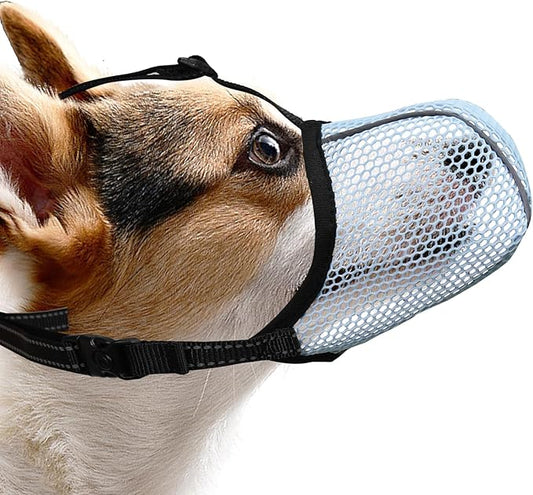 Dog Muzzle, Breathable Soft Muzzle for Small Dogs to Anti & Prevent Barking Biting Chewing, Reflective & Adjustable Basket Muzzle with Air Mesh for Toy Poodles Blue S