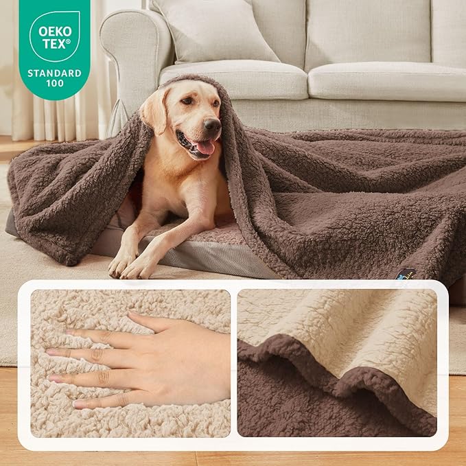 Luciphia Waterproof Pet Blanket for Medium Large Dogs Soft Cat Sherpa Calming Thick Cover Leakproof Cozy Puppy Sofa Bed Car Couch Protector(Beige/Brown,80x63 inches)