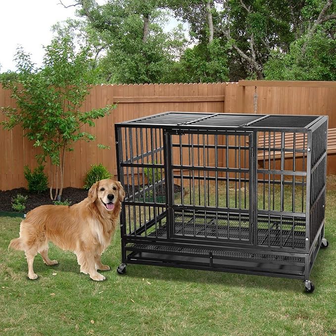 LEMBERI 42 inch Heavy Duty Indestructible Dog Crate, Escape Proof Dog Cage Kennel with Lockable Wheels,High Anxiety Double Door Dog Crate,Extra Large Crate Indoor for Large Dog with Removable Tray